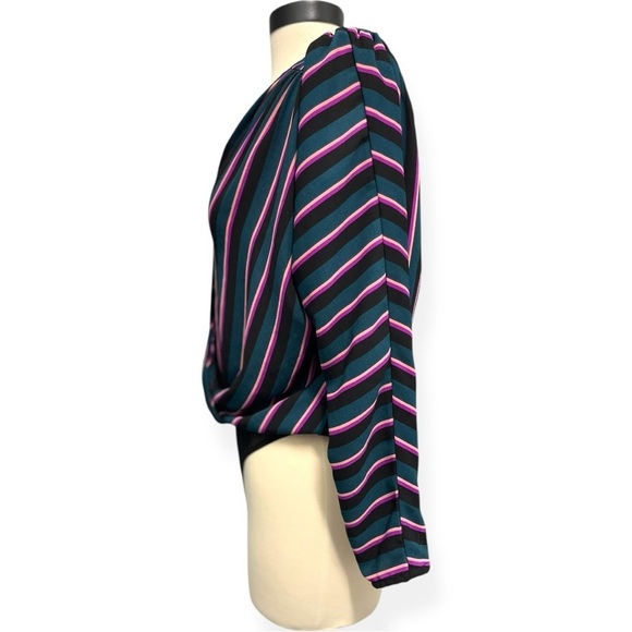 Astr Women’s Plunging V Neck Bodysuit Blue Pink Stripe Long Sleeve Top‎ Size Med - Picture 5 of 11